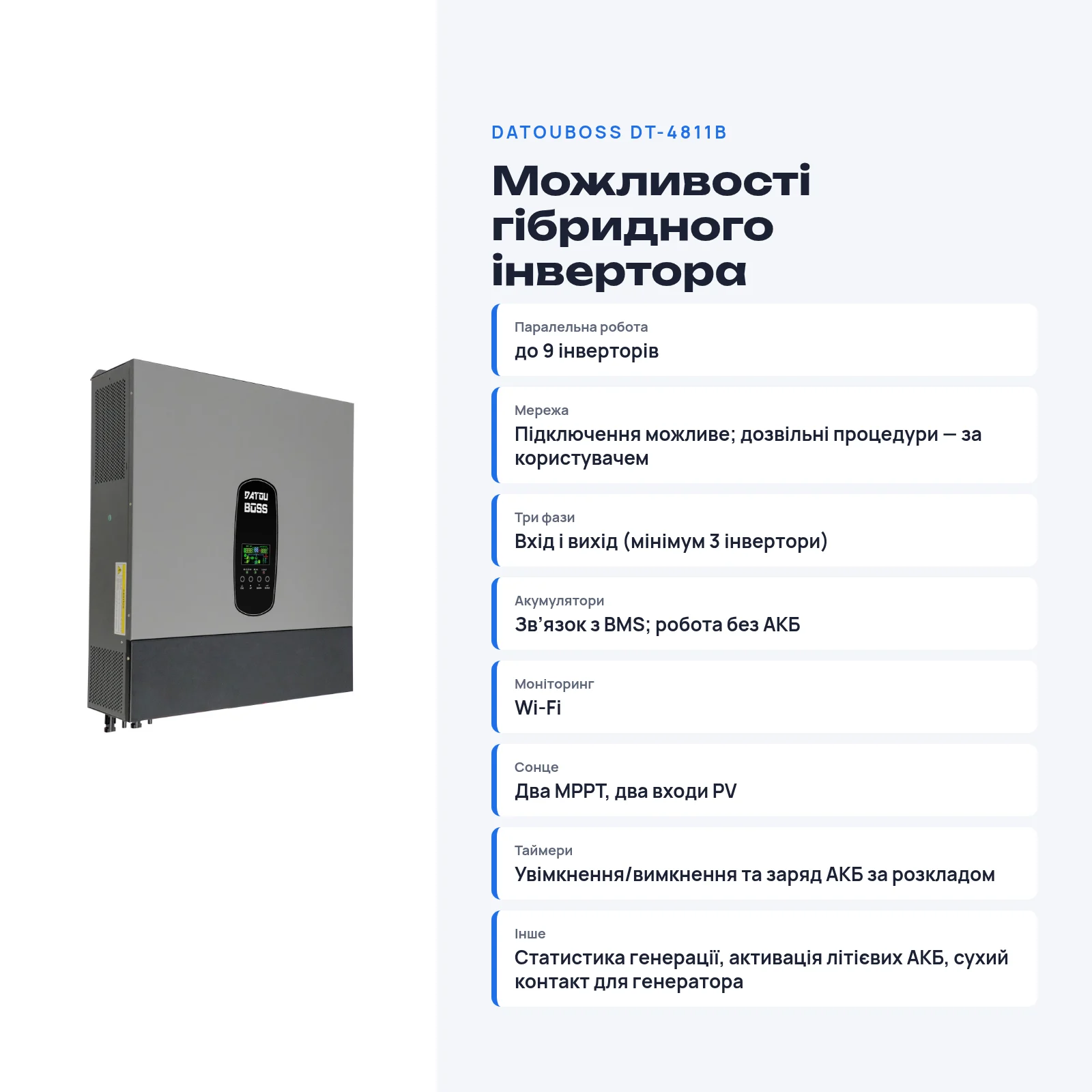 DATOUBOSS DT-4811B — Гібридний інвертор 11 кВт 48 В, 2×MPPT, фото 5 з галереї