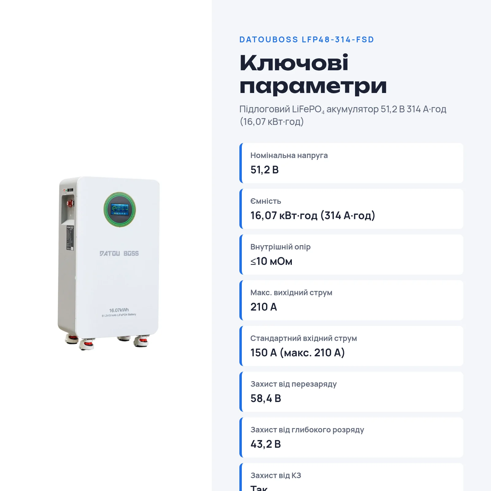 DATOUBOSS LFP48-314-FSD — Підлоговий LiFePO₄ акумулятор 51,2 В 314 А·год (16,07 кВт·год), фото 2 з галереї