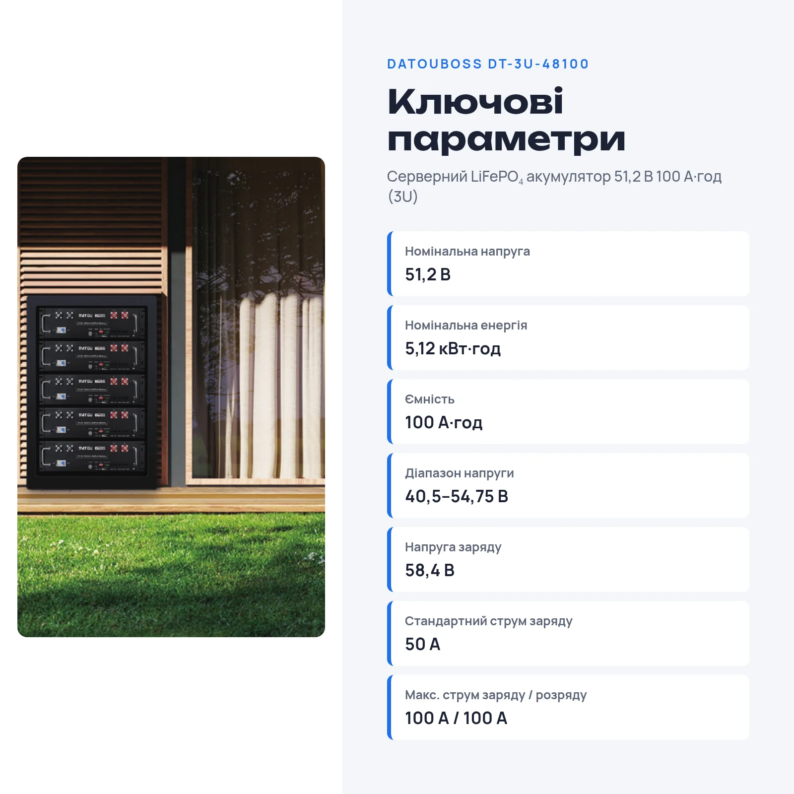 DATOUBOSS DT-3U-48100 — Серверний LiFePO₄ акумулятор 51,2 В 100 А·год (3U), фото 2 з галереї