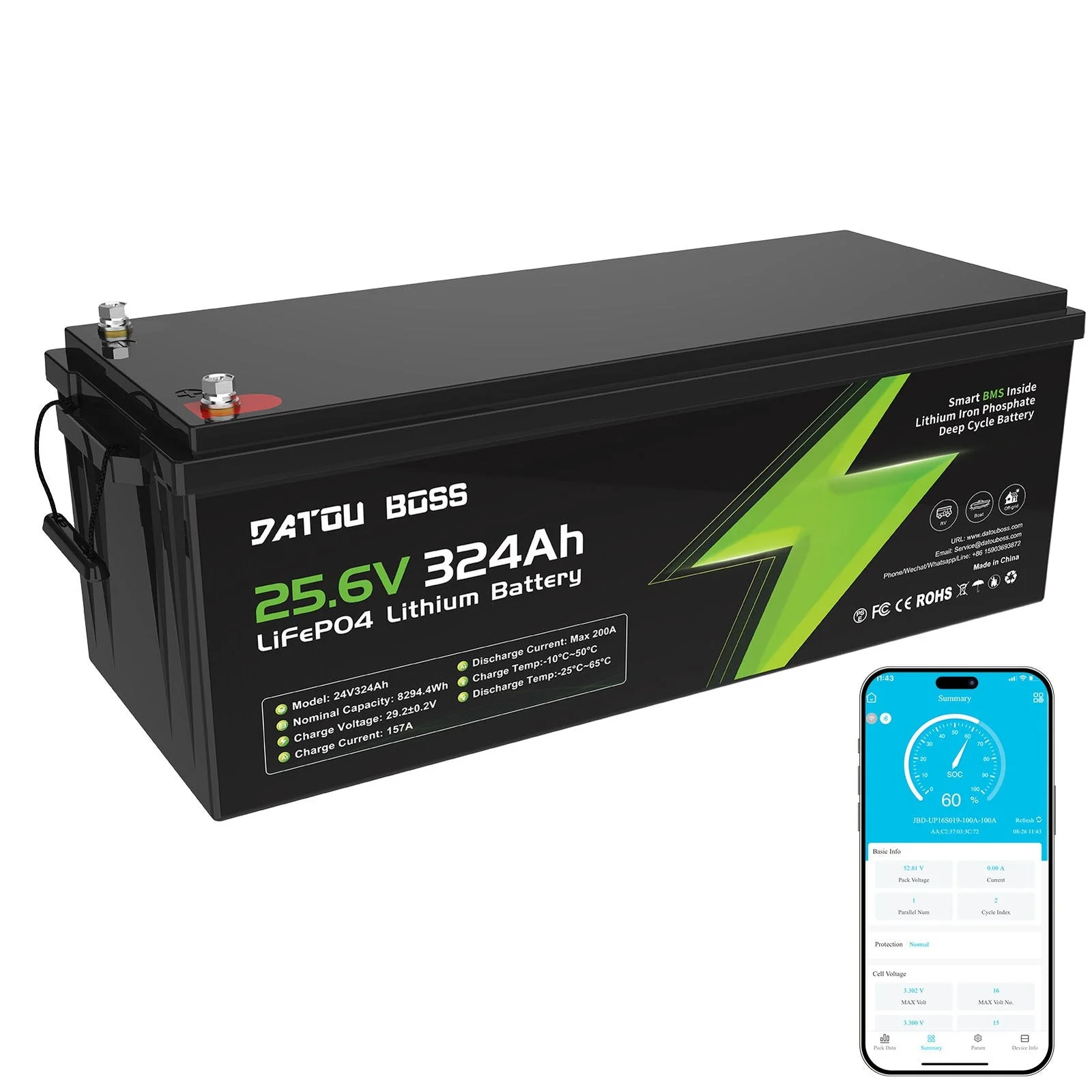 DATOUBOSS DT-24324 — LiFePO₄ акумулятор 24 В 324 А·год, BMS 200 А, Bluetooth, головне фото