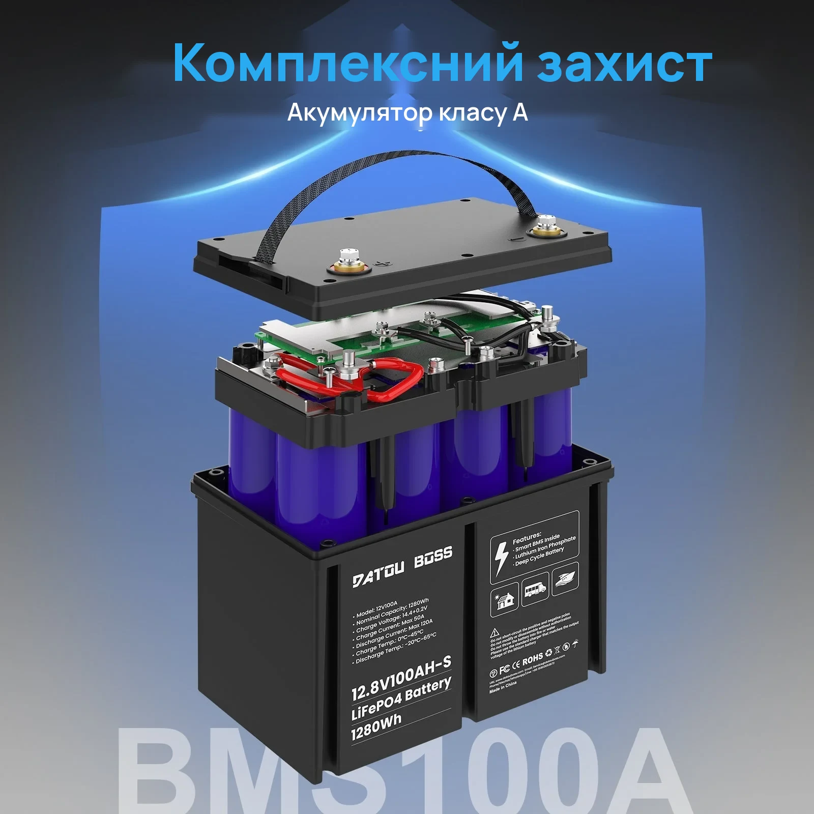 DATOUBOSS DT-1218M + DT-12V100A-S01 — Комплект 1800 Вт 1,28 кВт·год: інвертор + LiFePO₄ 100 А·год, фото 3 з галереї