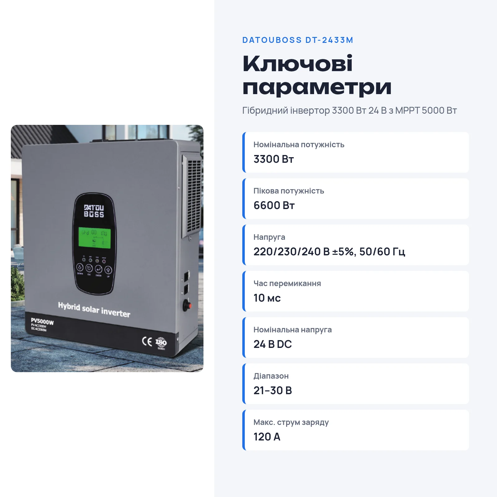 DATOUBOSS DT-2433M — Гібридний інвертор 3300 Вт 24 В з MPPT 5000 Вт, фото 2 з галереї