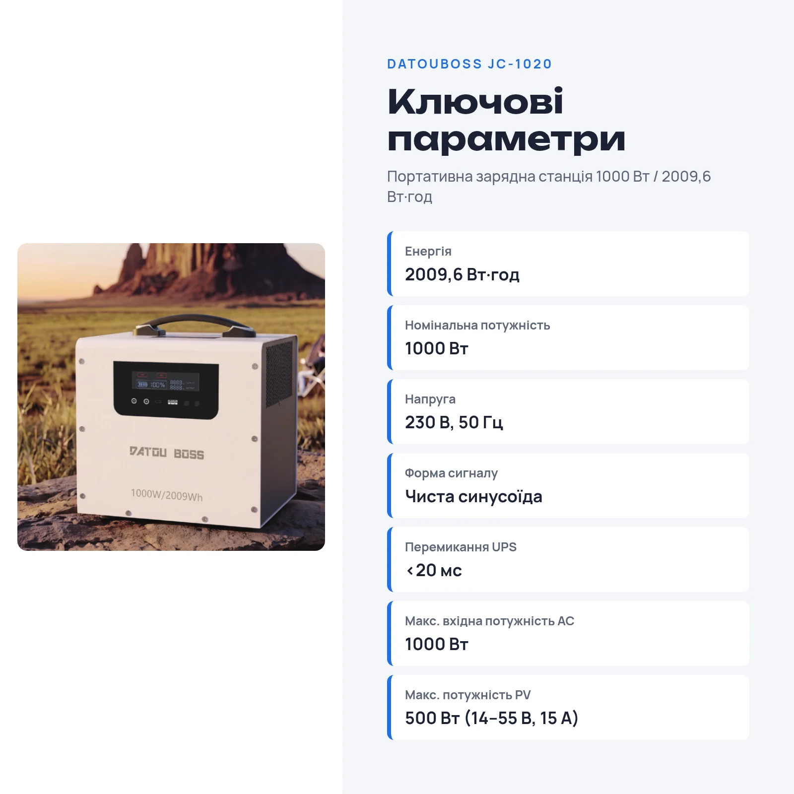 DATOUBOSS JC-1020 — Портативна зарядна станція 1000 Вт / 2009,6 Вт·год, фото 2 з галереї