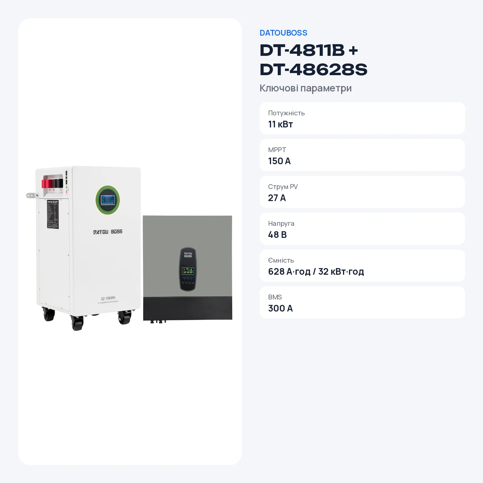 DATOUBOSS DT-4811B + DT-48628S — Комплект 48 В 32 кВт·год: інвертор 11 кВт + LiFePO₄ 628 А·год, фото 2 з галереї