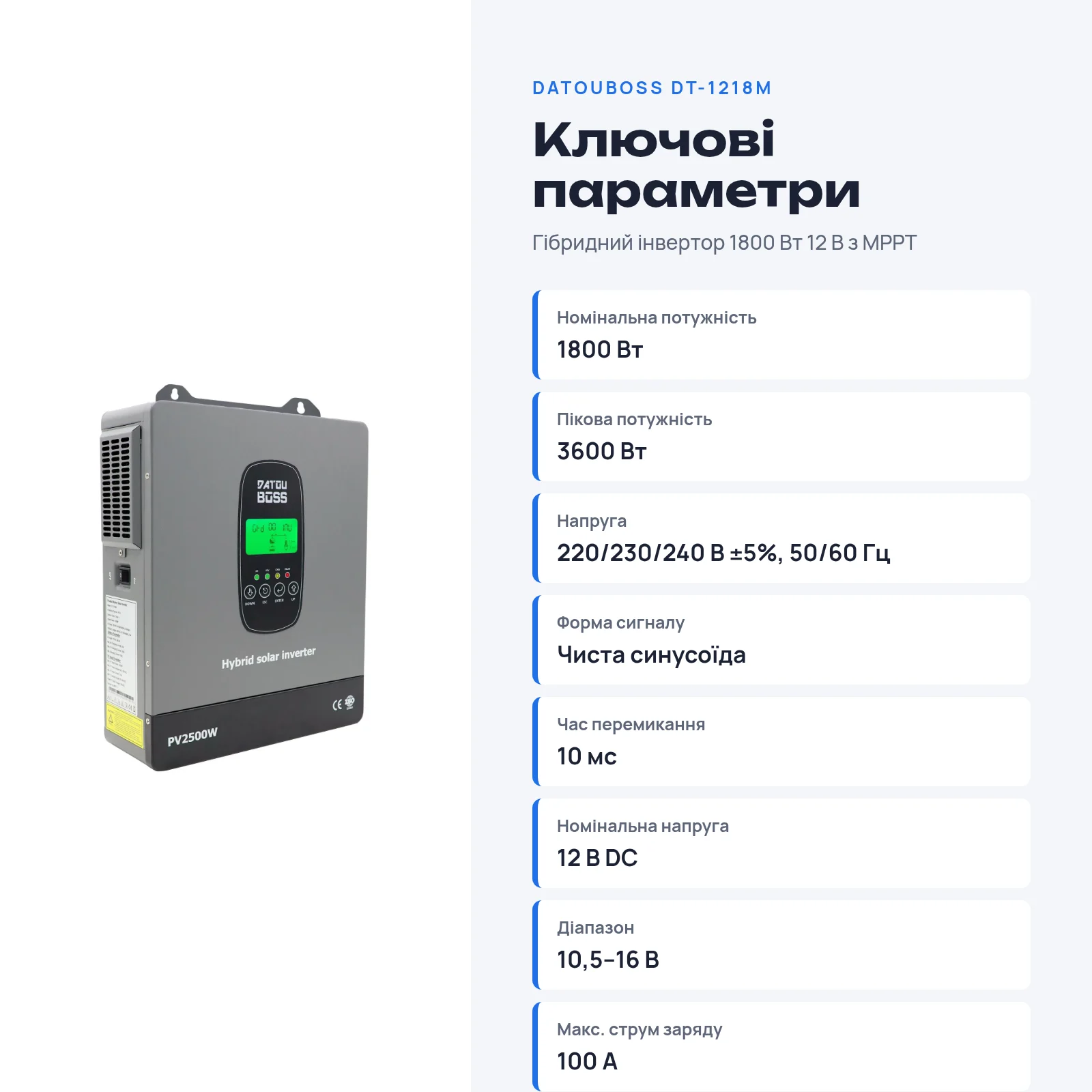 DATOUBOSS DT-1218M — Гібридний інвертор 1800 Вт 12 В з MPPT, фото 2 з галереї