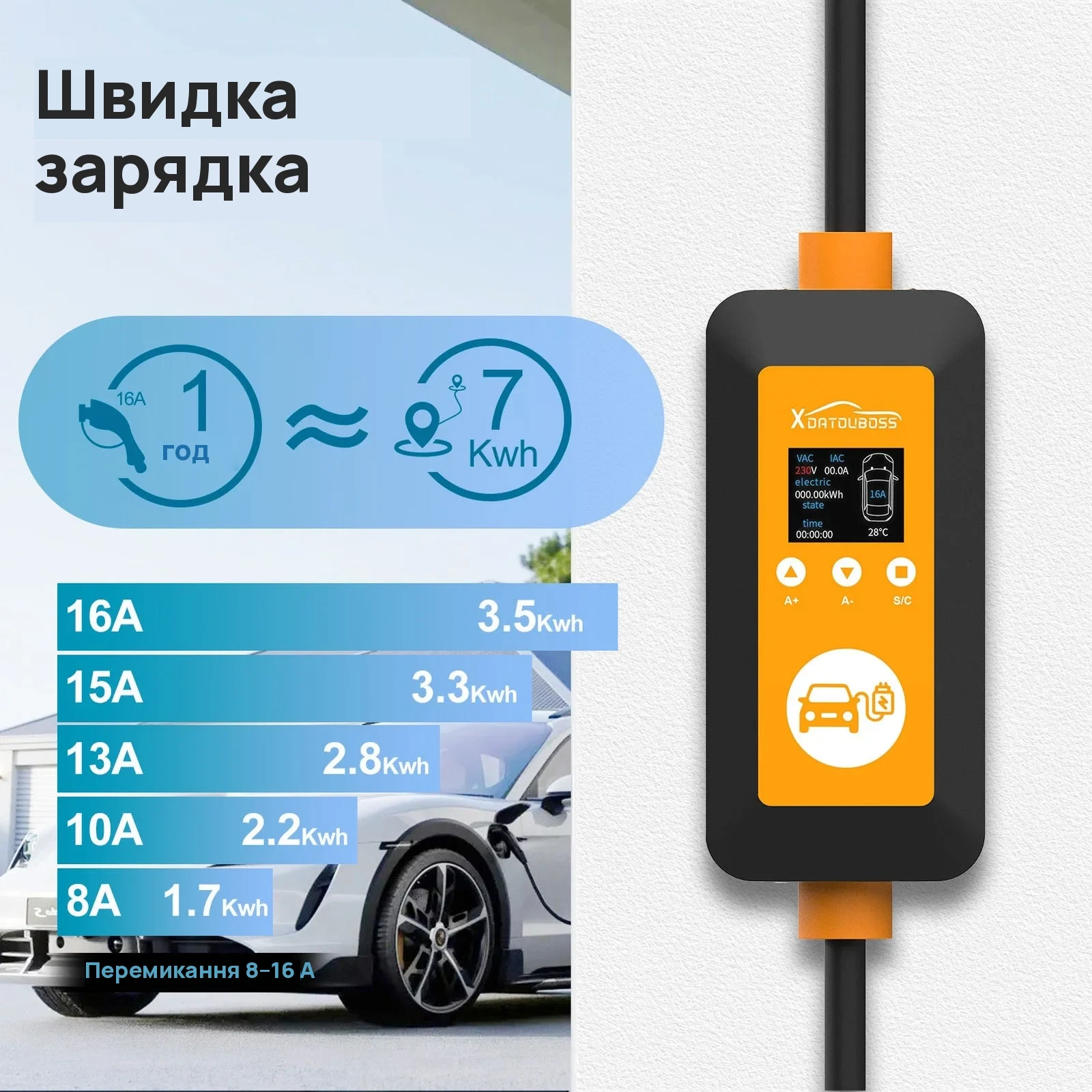 DATOUBOSS EVCDQ16A3.5KW — Портативна зарядка для електромобіля Type 2, 16 А 3,5 кВт, фото 7 з галереї