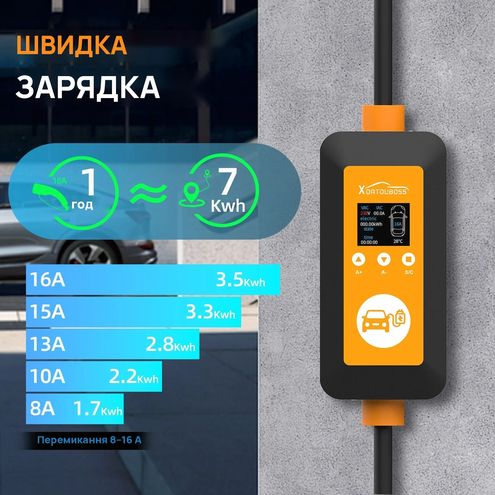 DATOUBOSS EVCDQ16A3.5KW — Портативна зарядка для електромобіля Type 2, 16 А 3,5 кВт, фото 3 з галереї