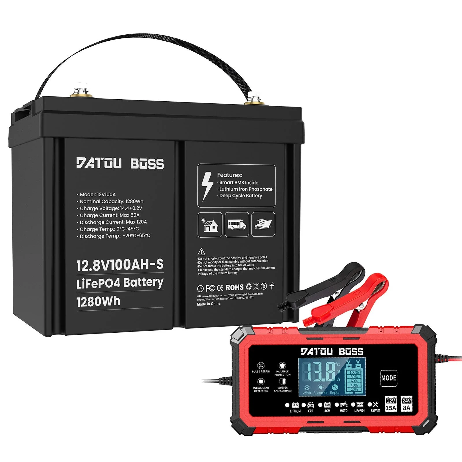 DATOUBOSS DT-12100-S01 + G21508 — LiFePO₄ 12 В 100 А·год + зарядний пристрій 12 В 15 А, головне фото