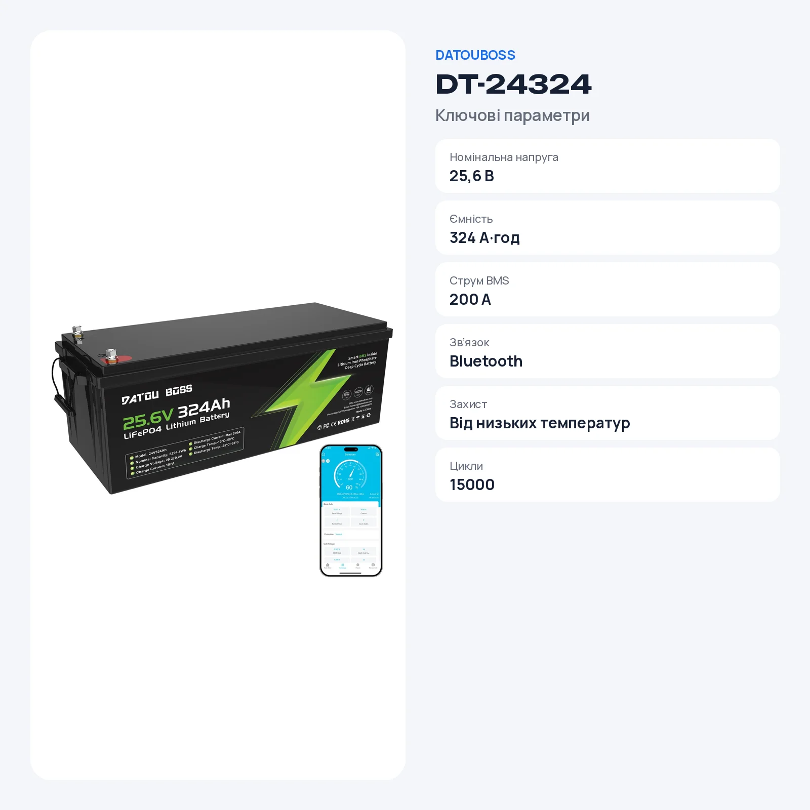 DATOUBOSS DT-24324 — LiFePO₄ акумулятор 24 В 324 А·год, BMS 200 А, Bluetooth, фото 2 з галереї