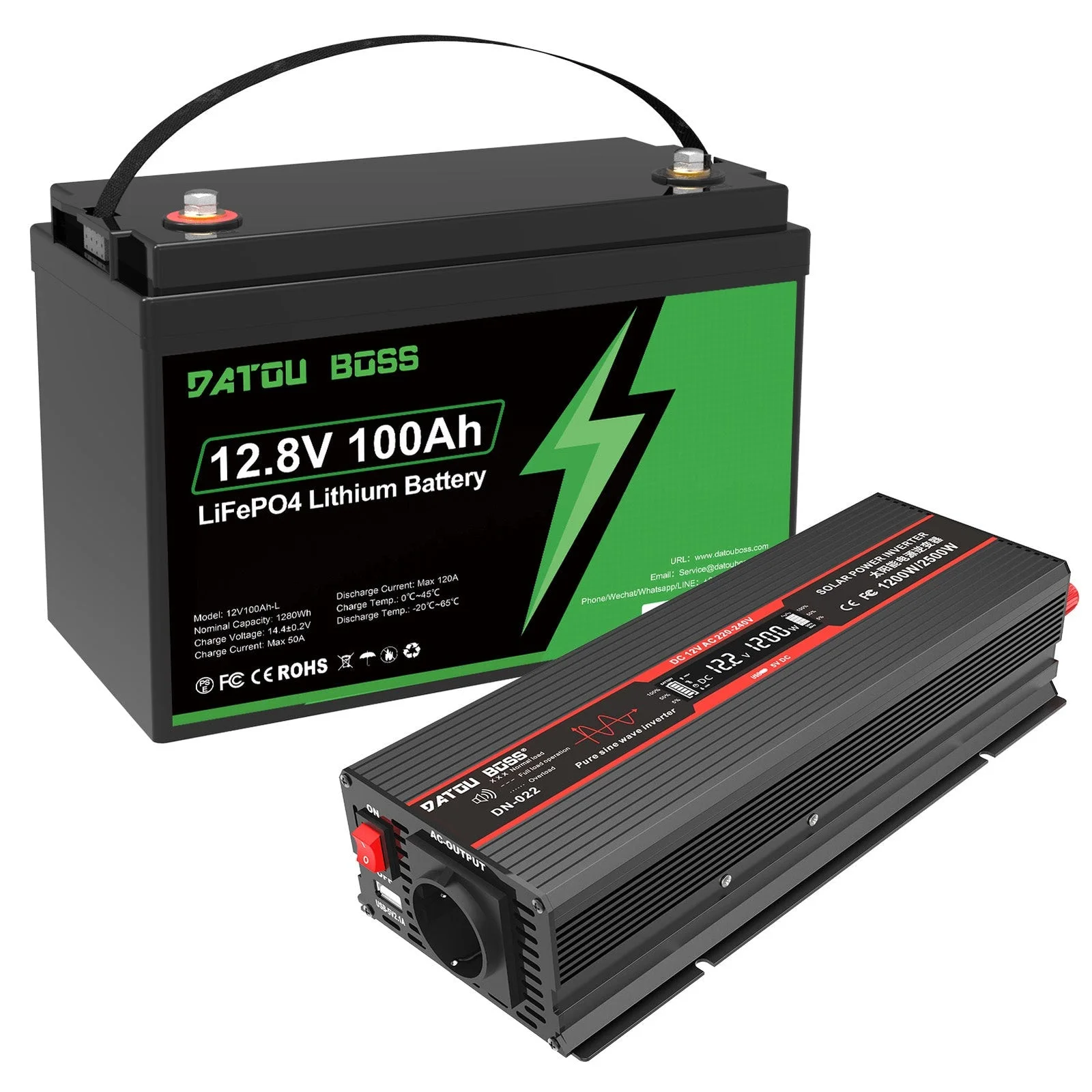 DATOUBOSS DT-12V100A + DNB1200W — Комплект: LiFePO₄ 12 В 100 А·год (EVE) + інвертор 1200 Вт, головне фото