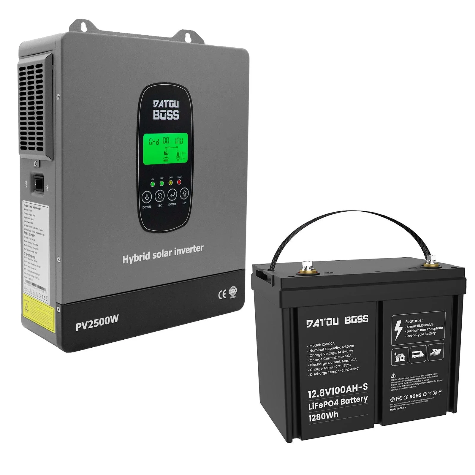 DATOUBOSS DT-1218M + DT-12V100A-S01 — Комплект 1800 Вт 1,28 кВт·год: інвертор + LiFePO₄ 100 А·год, головне фото