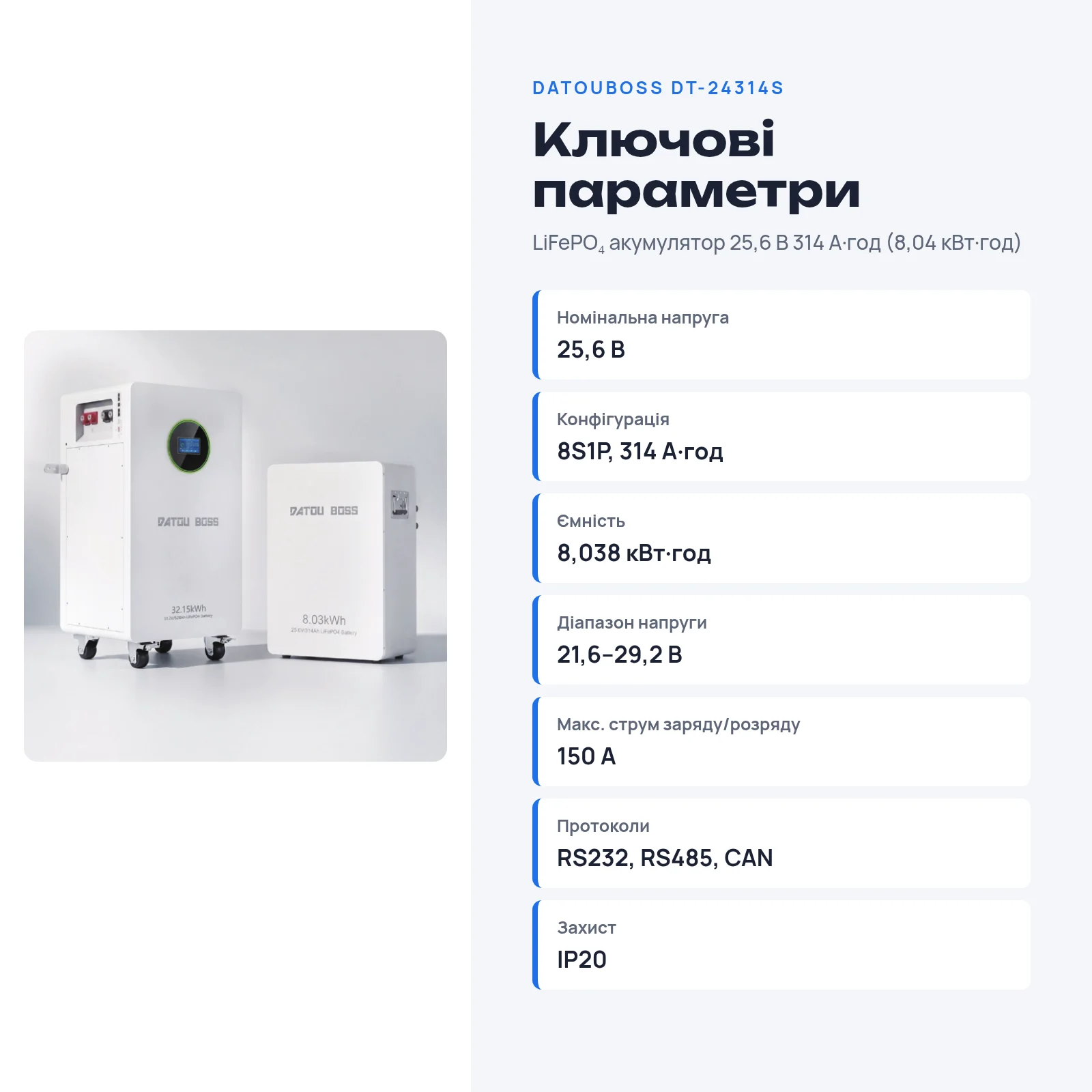 DATOUBOSS DT-24314S — LiFePO₄ акумулятор 25,6 В 314 А·год (8,04 кВт·год), фото 2 з галереї