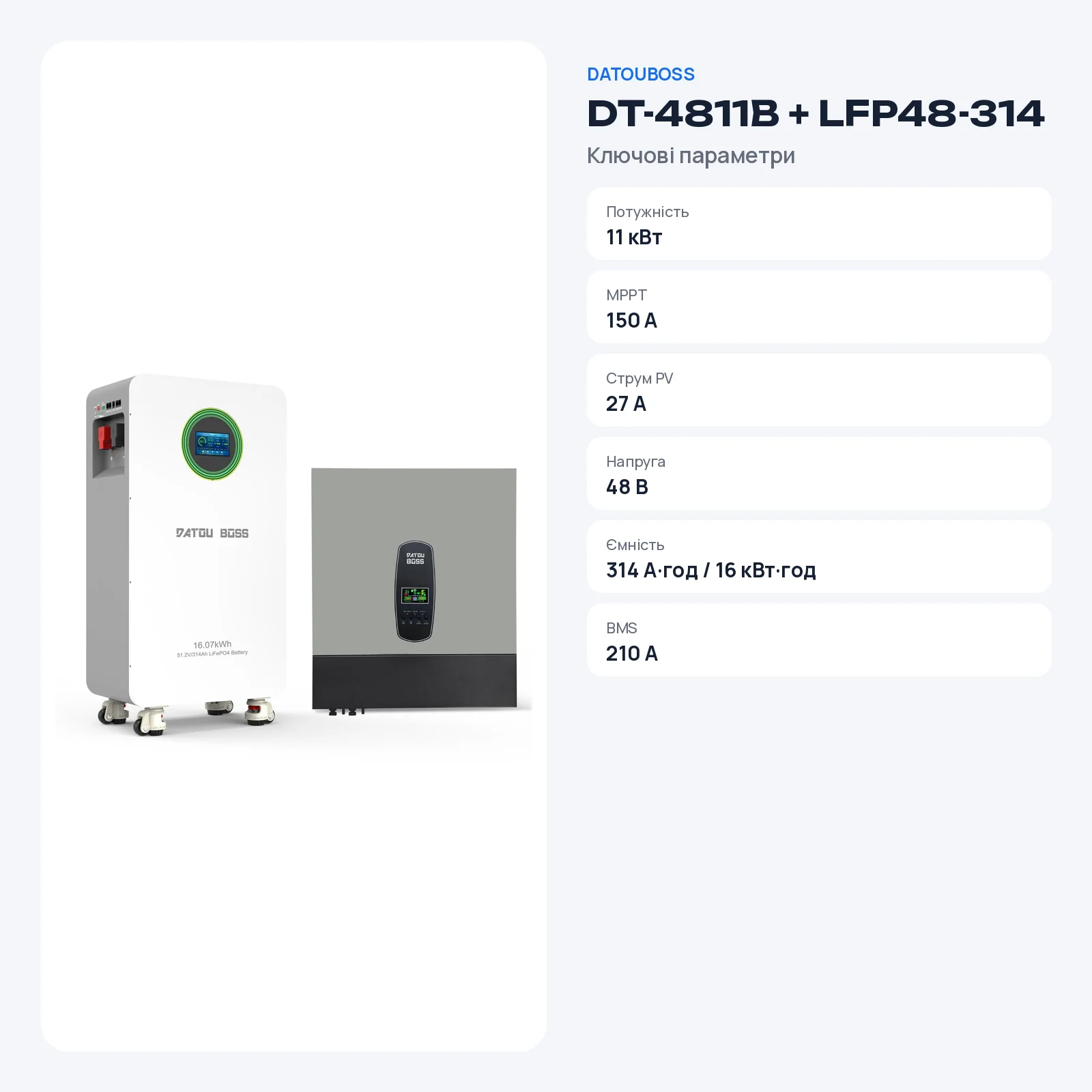 DATOUBOSS DT-4811B + LFP48-314 — Комплект 48 В 16 кВт·год: інвертор 11 кВт + LiFePO₄ 314 А·год, фото 2 з галереї