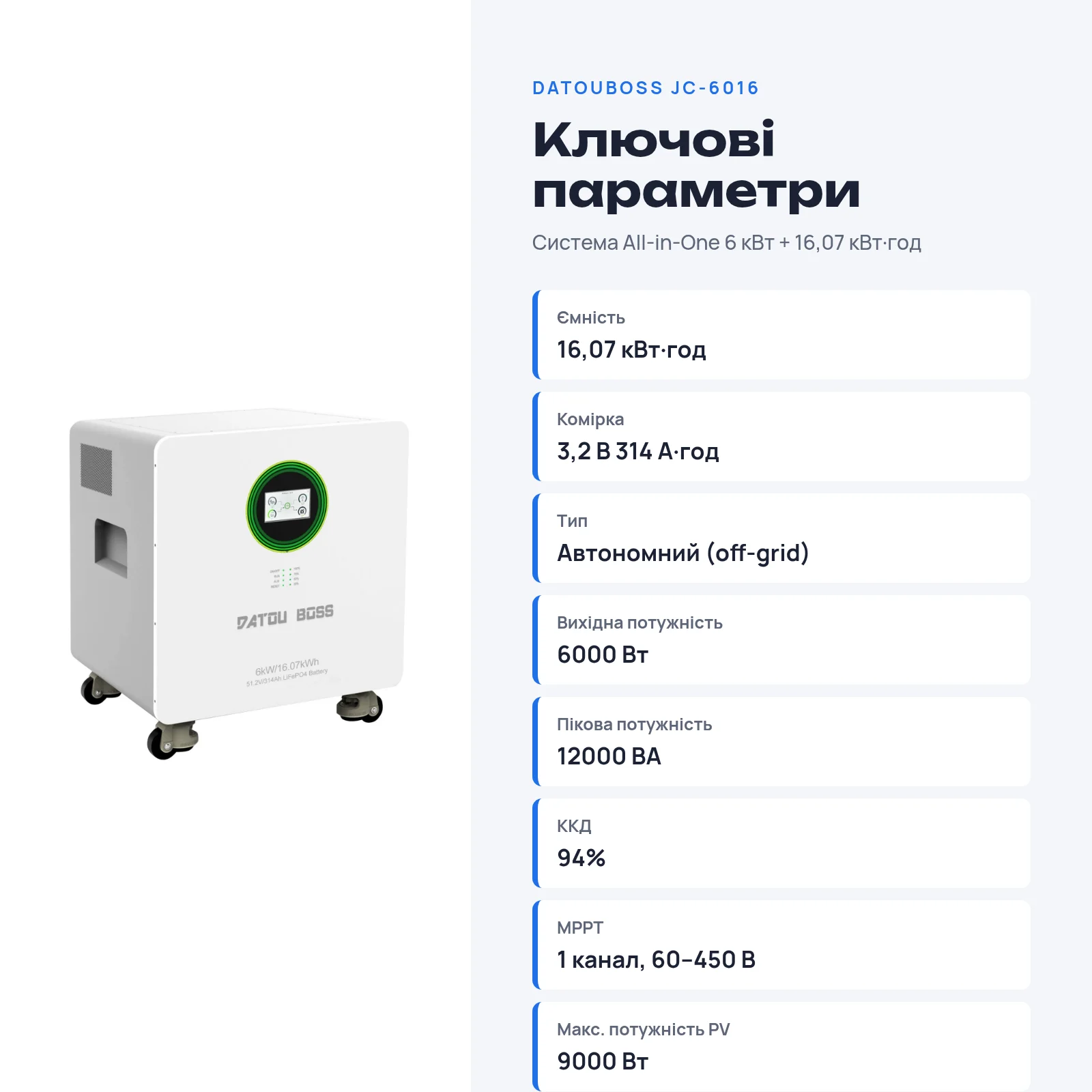 DATOUBOSS JC-6016 — Система All-in-One 6 кВт + 16,07 кВт·год, фото 2 з галереї