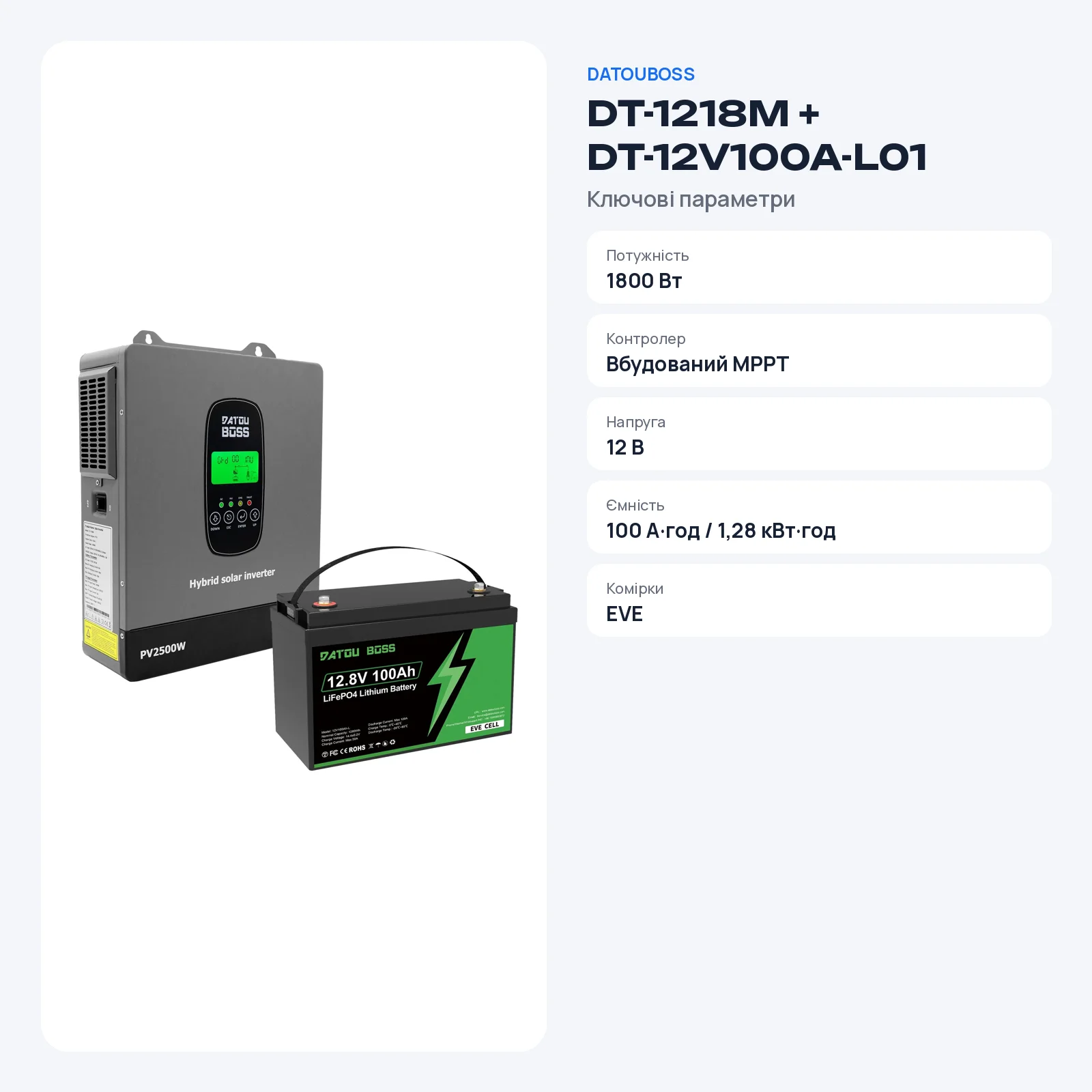 DATOUBOSS DT-1218M + DT-12V100A-L01 — Комплект 1800 Вт 1,28 кВт·год: інвертор + LiFePO₄ EVE 100 А·год, фото 2 з галереї