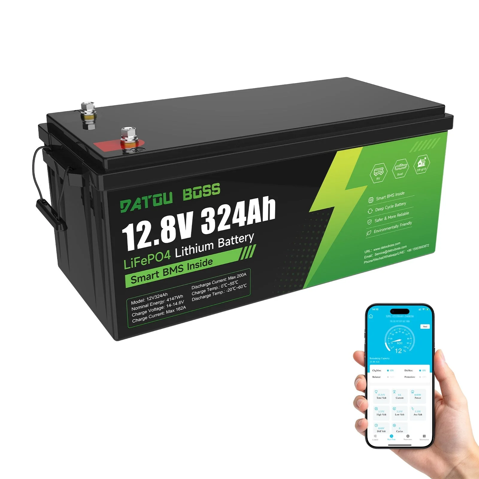 DATOUBOSS DT-12324 — LiFePO₄ акумулятор 12 В 324 А·год, BMS 200 А, Bluetooth, головне фото